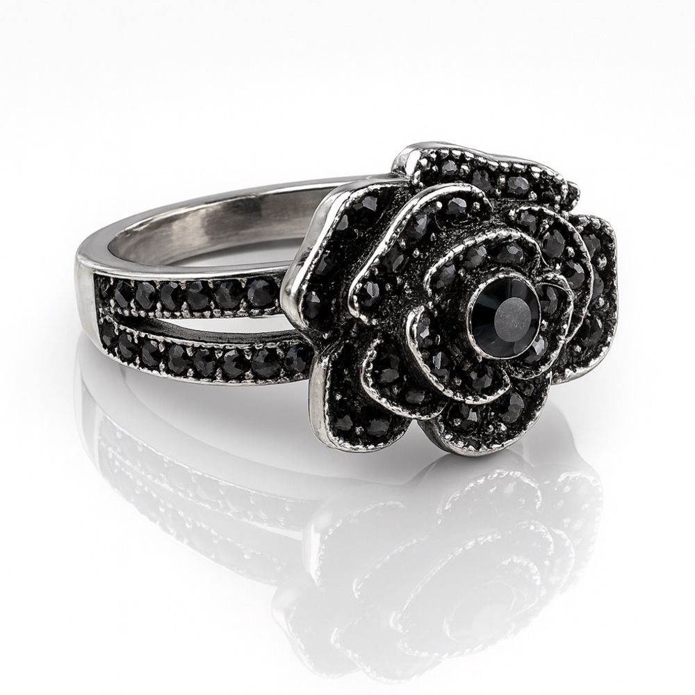 Elegant Black Rose Ring With Black Crystals